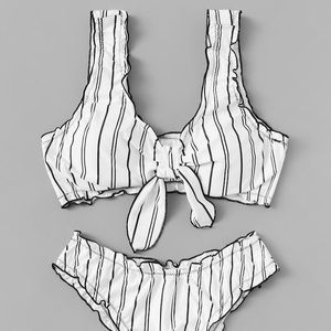 SHEIN Black & White Striped Ruffle Bikini